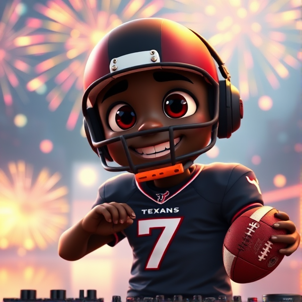Animated black quarterback wearing number 7 jersey for Houston texans holding a football and DJing. Pyrotechnics and lights in background