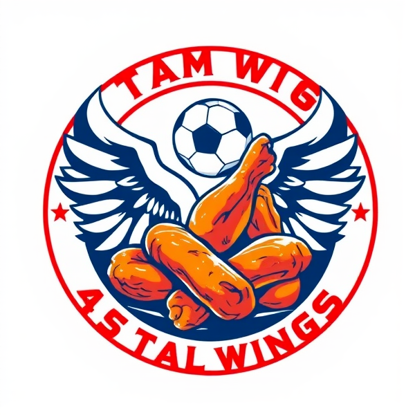 Logo rond d'un club de foot nommé Team Wings avec des ailes de poulet bien cuites et appétissantes dedans