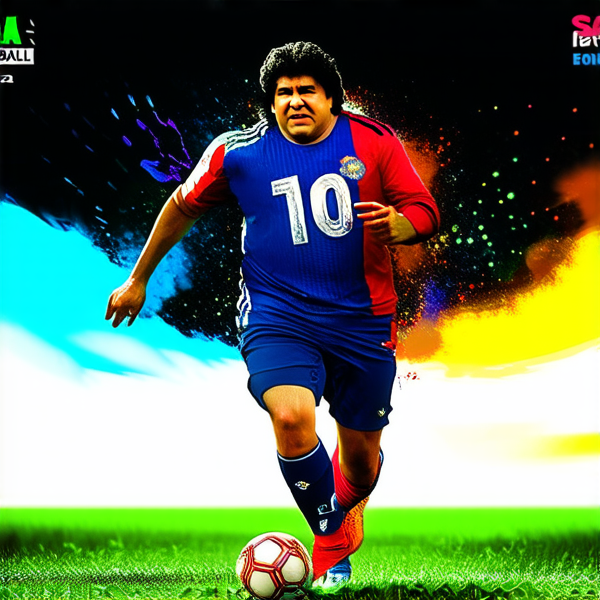 Diego Maradona in dynamic soccer action pose, legendary status, eFootball 2024 game card design with vibrant energy effects and iconic number 10 jersey
