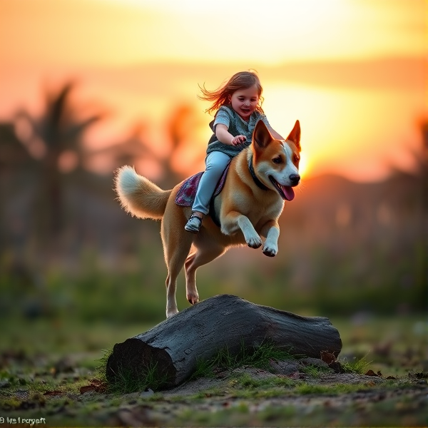 girl riding a dog thats jumping over a small log