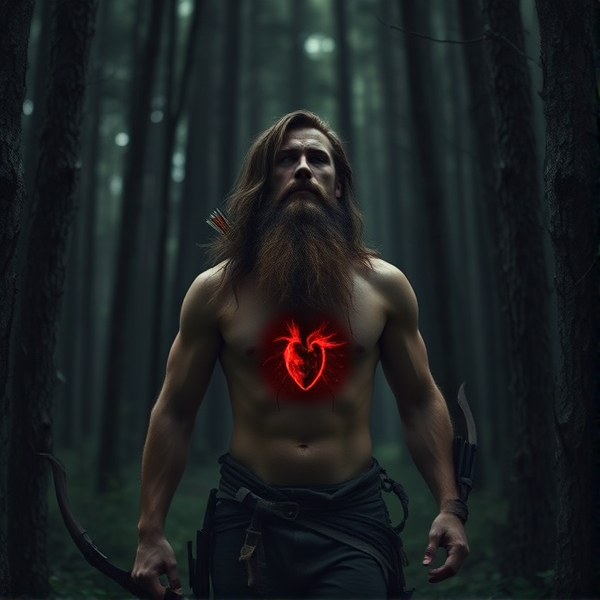 Man long hair beard with muscles shirt off walkinging through a dark scray Forrest with a arrow shot into his heart dying