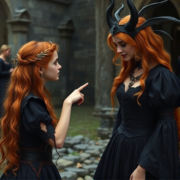 Red haired Caucasian Arthurian teenage princess points at an evil blonde haired druidess wearing a black dress