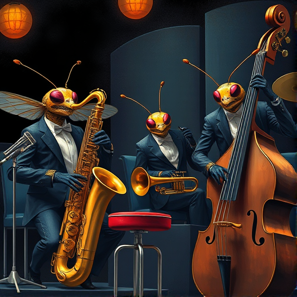 Affiche d'art représentant des insectes musiciens habillés en tenue de concert, jouant du saxophone, trompette, contrebasse dans un orchestre de jazz sophistiqué, style anthropomorphe, avec une riche palette de couleurs et des détails fins à la manière des œuvres de Colette de B, le tout composé dans une esthétique giclée dynamique