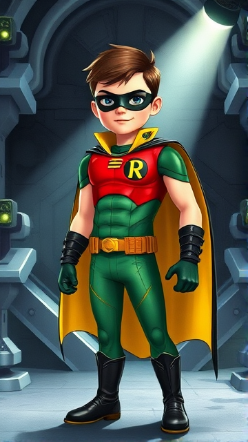 Movie Scene: A medium, preteen 12-year old boy with light skin and dark brown hair named Connor Bardley, but dressed as Robin, The Boy Wonder, with an extremely muscular body, a sleek green suit with a red torso with a black circle with a yellow R symbol on his left pectoral, a gold utility belt, black boots, black long-cuffed gloves, a big, heel-length, ultra-wide collared cape that's black on the outside and yellow on the inside, and a black eye mask, standing in his secret high-tech underground lair, the Bird Cave, ready for action.