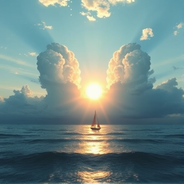 Crea una imagen del mar, con nubes en el cielo que crean un huevo en forma de cruz en el medio e ilumina un barco