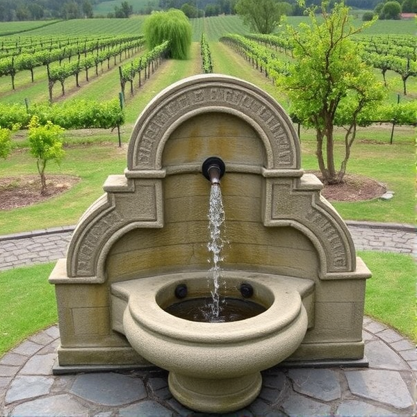 A drinking fountain that disperses wine instead of water. The fountain is made out of limestone and is located in the middle of the rolling hills of North Canterbury, specifically Greystone vineyard