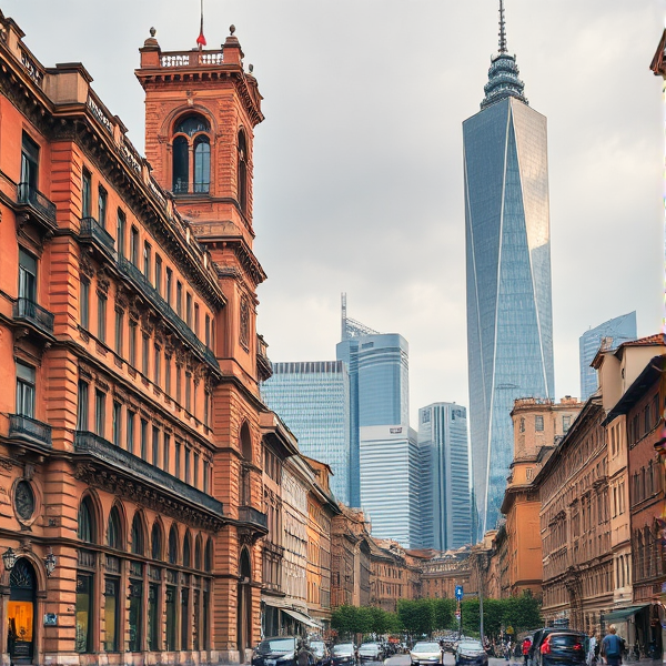 Bologna thick  cut on princel Albert china in front of skyscraper city scape