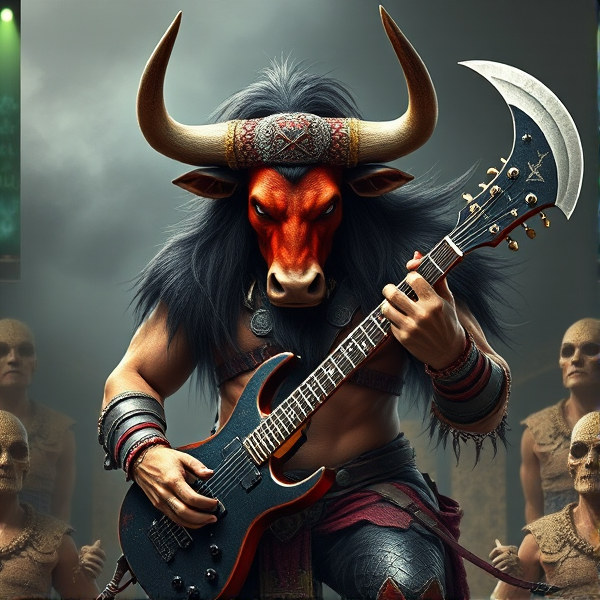 Créer une image d'un minotaure guerrier avec une tête de taureau et avec une guitare hache gène simmons