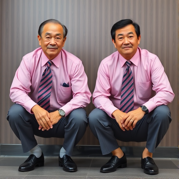 2 businessmen viril  japonais senior accroupis  avec une cravate à larges rayures large et chemise rose. Ils regardent la caméra