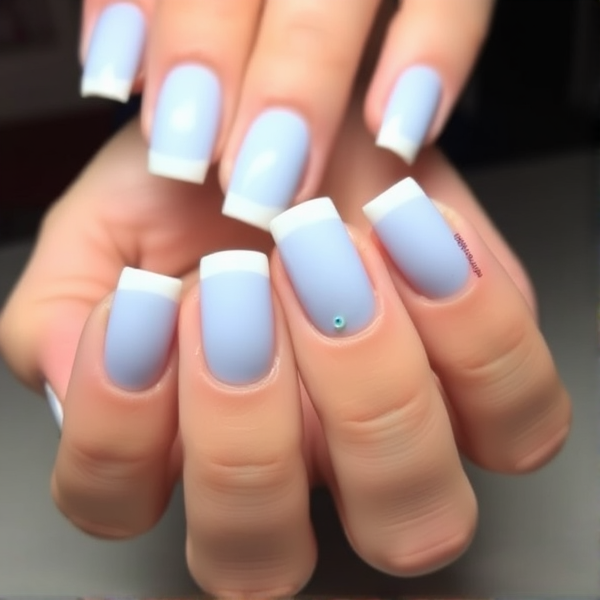 Baby blue French tips with with underline under it and mini flowers