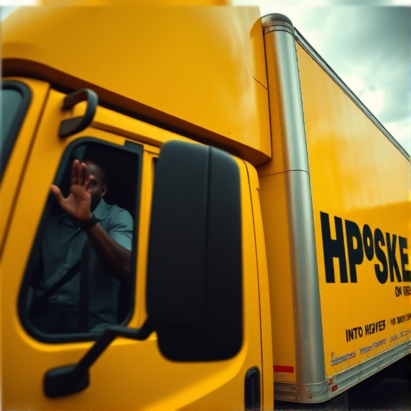 Black man waving out drivers side window of an all yellow moving truck that says the word "PIMPSKE" ON THE SIDE, truck driving into heaven