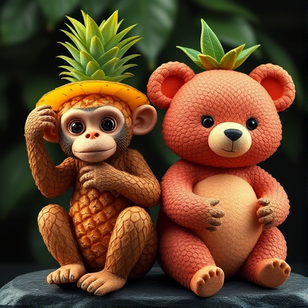 Make an imagen of a pineapple monkey and a Peach bear