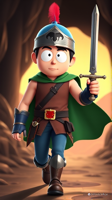 3D CGI: Stan Marsh from South Park, light skin and black hair, but as a 14-Year Old teenager with an extremely muscular torso, dressed as a medieval knighted warrior with a light brown tank top, a black belt with a red buckle adorned with a castle emblem, with a few pouches and the scabbard for his sword attached to it, blue jeans, steel armored boots, jeweled wrist cuffs, a big green cape, and a blue helmet with one silhouetted buffalo head emblem on both sides, outlined by silver steel rims lined around and across the top, with a long red feather sticking out at the top, now known as Sir Marsh. Despite still being a teenage kid, he is the Youngest Commander of the Zaronian Army, and one of the youngest and greatest heroes hailing from South Park, Colorado, but now reborn as the real life Kingdom of Kupa Keep, Zaron. His weapon is the legendary enchanted sword called the Slashing Blade Of The Ranger, which he swings with pride as he slashes his enemies down to size. The young teenage warrior knight is currently walking through a dark cavern, on a quest to find a mysterious enchanted artifact.