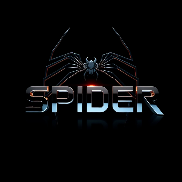 Design a 3D logo with the inscription "SPIDER" that reflects a futuristic and sophisticated style. The logo should be crafted with bold, sans-serif typography that gives the illusion of rising out of a deep black background. Integrate intense light beams reminiscent of the Capcut app icon's brightness to cast dramatic shadows and create stark highlights on the face of the logo. Blend seamlessly advanced curves, acute angles, and flowing lines to convey notions of velocity and elegance. Apply a metallic sheen to the logo for a mirrored effect, amplifying the reflection of light and imparting a sensation of swift motion. Draw inspiration from Pixar's intricate visuals and distinctive geometric shapes, utilizing a lively color scheme and shiny textures to enhance three-dimensionality. Leverage rendering techniques comparable to Unreal Engine for lifelike reflections, Octane Renderer's ray tracing for captivating glossiness, and V-Ray lighting to establish the mood. Craft an overwhelmingly grandiose and science fiction inspired visual display that is deliberately far from subtle or minimalist, designed to leave a striking impression through its audaciousness
