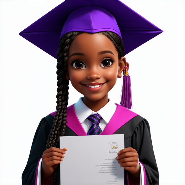 jeune fille noire de huit ans avec des tresses africaines traditionnelles, habillée élégamment pour une cérémonie de remise de diplôme, tenant son certificat, souriante et fière