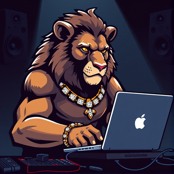 Concevez un logo dynamique et audacieux représentant un ours stylisé en position assise de pouvoir, devant un ordinateur portable de pointe, concentré sur la composition musicale. L'ours porte une chaîne en or massif sertie de diamants étincelants et exhibe une gamme de bijoux tape-à-l'œil : bagues incrustées de pierres précieuses, bracelets épais et pendentif luxueux. Son visage exprime l'autorité et la détermination avec des traits nets qui illustrent sa prestance imposante et son statut d'élite. Utilisez des couleurs vibrantes et contrastées pour souligner chaque élément du design avec clarté et élégance. En toile de fond, du matériel audio professionnel complète l'ambiance musicale du logo.