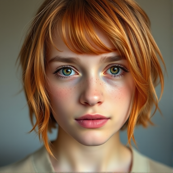 16 year old girl, natural short orange layered hair, middle part,  hazel doe eyes, freckles, natural eye brows, thinner pale lips longer eye lashes, pale skin color