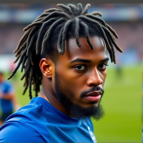 Make a Brazilian 20 year old in an Everton kit with dreadlocks and no beard low dreads