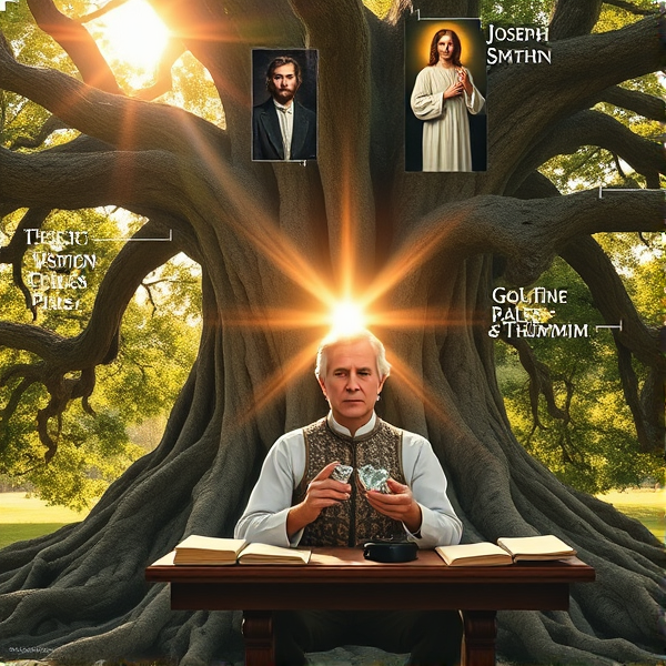 - **Background:** A large, ancient tree with deep roots, symbolizing the foundational aspects of Mormonism. The roots could be labeled with significant elements like "First Vision," "Golden Plates," and "Restoration."

- **Foreground:** Joseph Smith is shown at a desk with ancient-looking manuscripts. In his hands, he holds the **Urim and Thummim**—depicted as a pair of clear stones set in a breastplate, glowing softly—emphasizing their role in the translation process.

- **Heavenly Light:** Above the tree, two distinct figures (God the Father and Jesus Christ) are depicted, with light shining down on Joseph Smith, highlighting the non-Trinitarian belief that God the Father and Jesus Christ are separate beings.