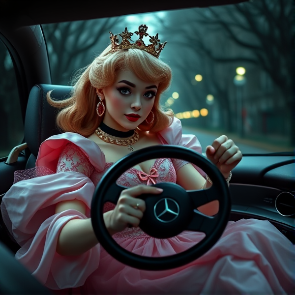Gothic princess peach driving a Mercedes