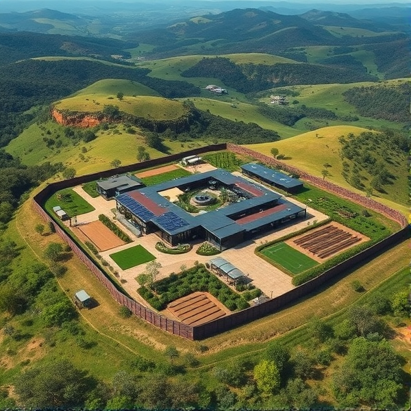 Photorealistic aerial view of a sustainable, off-grid luxury compound for 50 people, enclosed by a large protective wall, surrounded by lush, slightly hilly terrain inland on the east coast of Australia. The compound includes solar panels, an innovative gravity battery system, intensive agricultural areas with greenhouses, and picturesque landscapes. Features include at least 5 modern eco-houses, a central meeting hall, 2 spacious barns for livestock, an underground food storage vault, and ample space for horses and other farm animals. The overall design is both opulent and environmentally conscious, showcasing advanced self-sufficiency in a secluded setting.
