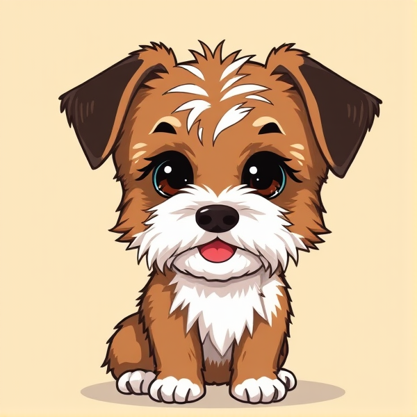 a cartoon of a girl brown and white tibetan terrier with black ears