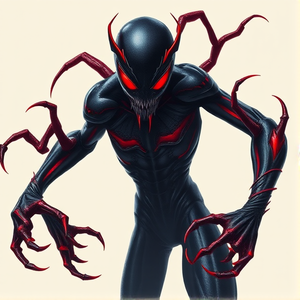 Créer une image d'un symbiote noir et rouge avec Un picotement dans les bras et les yeux rouge