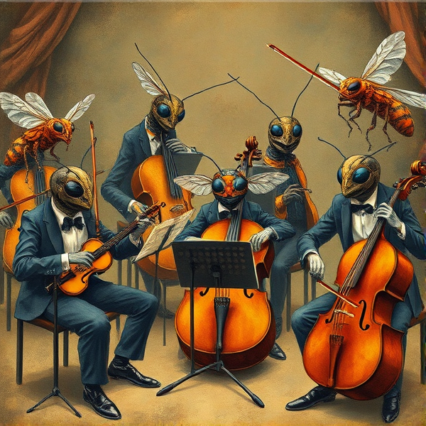 Affiche d'art représentant des insectes musiciens habillés en tenue de concert, jouant divers instruments dans un orchestre sophistiqué, style anthropomorphe, avec une riche palette de couleurs et des détails fins à la manière des œuvres de Colette de B, le tout composé dans une esthétique giclée dynamique