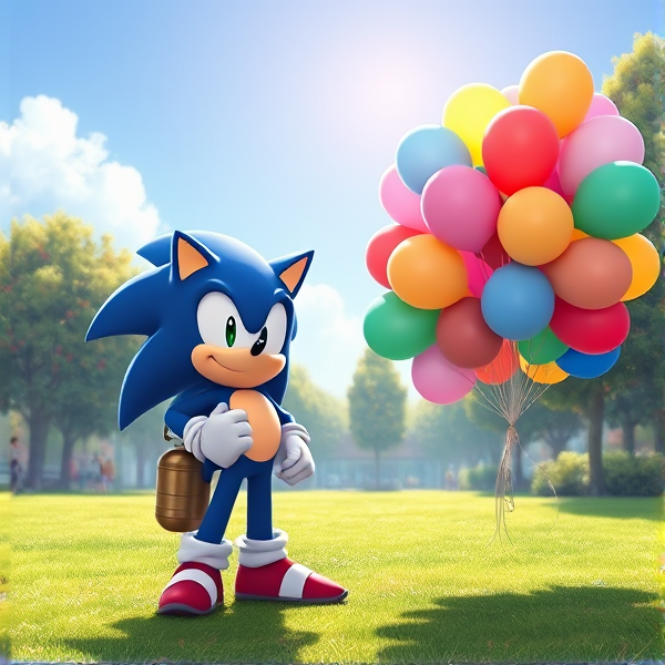 At the sunny day park Sonic standing pose clench helium gas cylinder tank then Sonic holding big bunch of many colorful 16 inch balloons 450 each