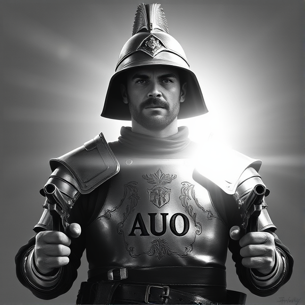 A detailed greyscale depiction of the iconic Australian outlaw Ned Kelly in his traditional armor, complete with his signature helmet. He stands defiantly with a pistol clutched in each hand. The chest piece of his armor is intricately engraved with the initials "AUO", symbolizing his rebellion against authority.