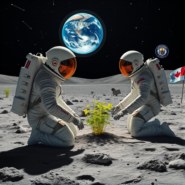 Trois astronautes en combinaison spatiale hautement détaillée de style NASA avec nuances de blanc perle et d'acier chromé, marquages distinctifs et éléments réfléchissants, agenouillés sur le sol lunaire gris poussiéreux à la texture riche. Ils sont accompagnés d'un extraterrestre géant amical, dont la peau iridescente capte l'éclat des étoiles. L'un des astronautes, méticuleux dans ses gestes, se concentre sur la plantation minutieuse de graines de pavot dans un substrat enrichi situé dans un biodôme lunaire transparent abritant un système hydroponique avancé sous une lumière à spectre complet simulant les conditions terriennes pour la photosynthèse. Son casque spacieux reflète parfaitement les alentours lunaires et ses gants équipés de systèmes tactiles manipulent des instruments spécialisés avec précision. En arrière-plan, un module d'atterrissage au design sophistiqué affiche fièrement le logo du Québec. La Terre suspendue offre une vue spectaculaire aux couleurs naturelles tandis que divers instruments scientifiques ultra-précis sont dispersés autour du site : capteurs environnementaux, moniteurs de croissance végétale avec I.A., panneau solaire flexible. Un fanion du Manchester City Football Club flotte près du module habitable, évoquant un partenariat entre les sciences spatiales et le sport. Le paysage lunaire présente des cratères nets et monticules réalistes contrastant avec l'empreinte humaine. La scène est illuminée par une douce lumière diffuse sous un ciel nocturne étoilé présentant constellations précises dans un dégradé allant du noir ébène au bleu outremer.drapeau acadien
