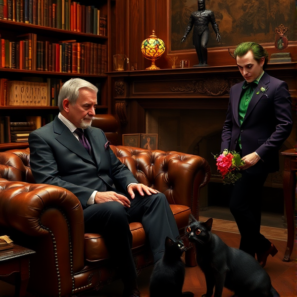 Batman assis sur un canapé Chesterfield vintage en cuir marron richement patiné, plongé dans une posture de réflexion intense, face à un psychologue distingué aux cheveux grisonnants et vêtu d'un costume trois-pièces soigneusement ajusté. Le spécialiste, les doigts entrelacés, le regarde attentivement à travers ses lunettes demi-lune, donnant l'impression de sonder l'âme tourmentée du justicier. Ils sont encerclés par des bibliothèques remplies de livres anciens et des curiosités érudites qui décorent la pièce aux nuances boisées et sombres d'un bureau de style victorien. L'ambiance est éclairée par la douce lueur d'une lampe Tiffany posée sur un bureau en acajou massif, dont les motifs colorés se reflètent subtilement sur les surfaces environnantes. À leur côté, le Joker est appuyé nonchalamment contre une cheminée en marbre sculpté, affichant un sourire narquois sous ses cheveux verts désordonnés et son maquillage macabre. Il tient avec une désinvolture calculée une carte à jouer entre ses doigts fins. Catwoman se tient debout avec une élégance féline, sa silhouette mise en valeur par sa combinaison noire moulante qui capte délicatement les faibles rayons lumineux. Ses yeux sont dissimulés derrière des lunettes de protection teintées reflétant discrètement la scène tandis qu'elle tient délicatement un bouquet de fleurs exotiques aux couleurs éclatantes qui apportent une touche de vie au décor austère. Un chat noir est lové à ses pieds, observant la scène d'un air détaché. La tension dramatique palpable est soulignée par le contraste entre les expressions des personnages et l'éclairage tamisé qui joue sur leurs traits pour créer une atmosphère chargée d'émotions contenues et de secrets inavoués.