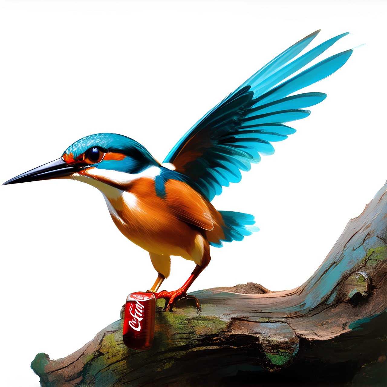 un martin-pêcheur aux couleurs flamboyantes, tenant délicatement dans son bec une bouteille de Coca-Cola classique