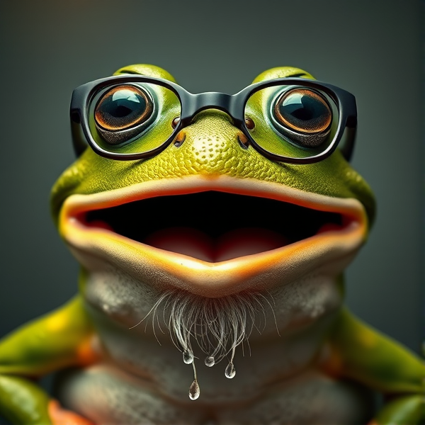 Frog with open mouth, glasses and a beard