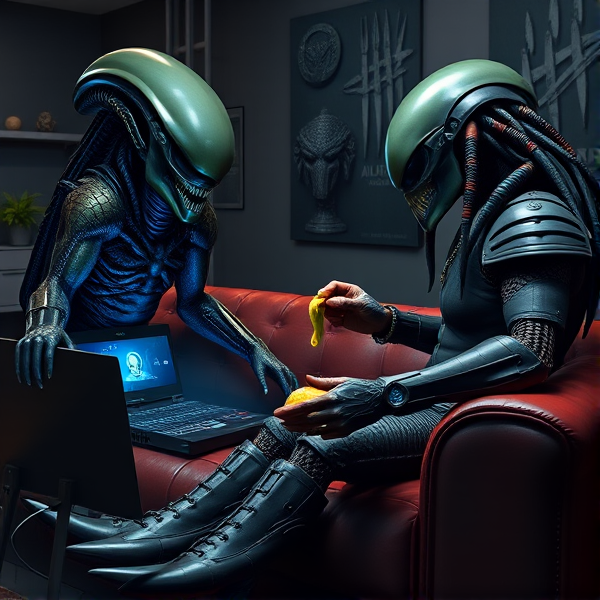 An exquisitely detailed Xenomorph, engaged with utmost concentration in 'Alien: Isolation' on a PS4, its intense focus reflected in its alien features. It sits comfortably on a sleek couch designed for its distinct form. Nearby, a Predator stands confidently, giving strategic guidance and encouragement to the Xenomorph like a seasoned coach to an engrossed player. The room is dimly lit to enhance the immersive gaming atmosphere, echoing a state-of-the-art gaming den with decor that intricately combines elements from both Xenomorph and Predator heritage. The ambiance boasts themed furniture and ornaments, fostering an authentic otherworldly vibe fitting for these legendary beings. Amidst the tension-filled gaming session, they share a common meal, adding a relatable human element to this remarkable scene as they interact with the camaraderie of two best friends