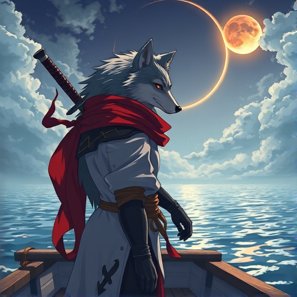 Loup roublard maitre de l'éclipse lunaire et avec un écharpe rouge autours du cou et avec deux épées dans le dos et il est sur un bateaux