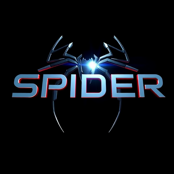 Create a three-dimensional logo featuring the word "SPIDER" with a futuristic and sophisticated aesthetic. The logo should utilize bold sans-serif letters that appear to emerge from a deep black backdrop. Infuse the design with intense light beams, similar in brightness to the Capcut app icon, to produce stark contrasts and dramatic shadows across the logo's surface. Incorporate a blend of advanced curves, sharp angles, and smooth lines that suggest speed and grace. Add a metallic gloss to the logo for a reflective mirror-like effect that enhances light reflection, creating an impression of rapid movement. Look to Pixar for inspiration in creating complex visuals and unique geometric shapes, applying a vibrant color palette and glossy textures to emphasize its three-dimensionality. Use rendering techniques akin to those found in Unreal Engine for realistic reflections, employ Octane Renderer's ray tracing for enticing shine, and use V-Ray lighting techniques to set an atmospheric tone. Aim for an impressive sci-fi-inspired visual spectacle that is boldly extravagant and designed to make a memorable impact through its daring nature