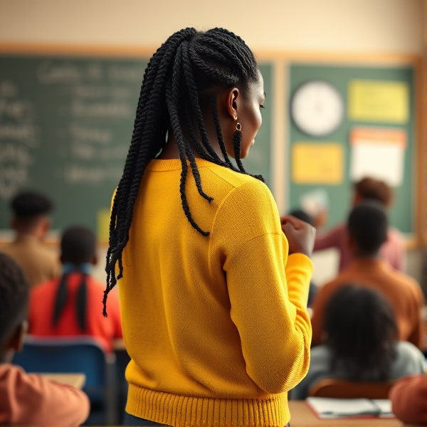 Une enseignante noire âgée de quarante ans coiffée de tresses africaines traditionnelles, portant un pull jaune  se tient le dos tourné en train d'y écrire à la craie blanche au tableau dans une salle de classe avec des élèves noires agés de huit ans.