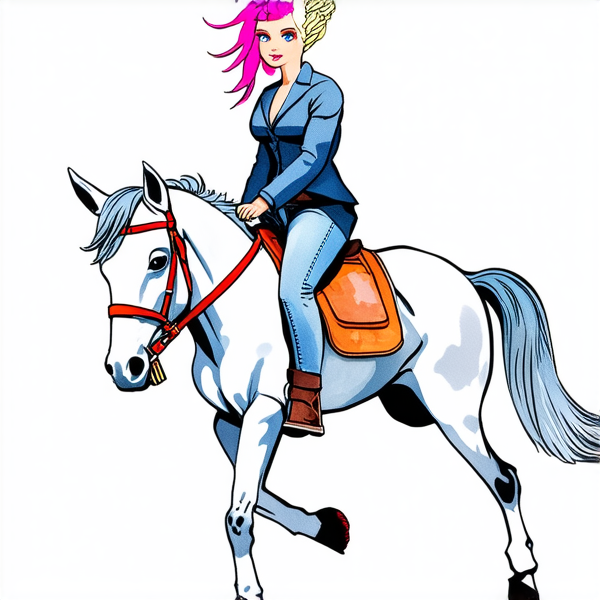 Aquarelle : De profil, image de tete au pied,  Une femme aux chauveux rose fushia blond platine à la racine, sur un cheval qui galoppe. elle porte un jean, elle a les chauveux tressés