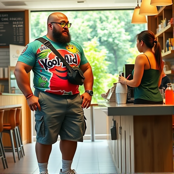 A bald 300 lb muscular man  wearing cargo shorts, a kool-aid man shirt, white socks, sketchers shoes, neon green cycling glasses, cross body bag, talking to an Asian woman cashier, at a Cafe
