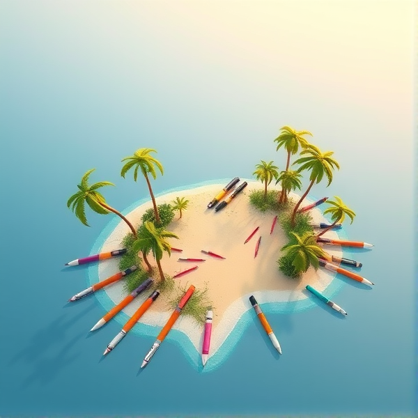 Pen island with a variety of writing pens arranged to form the shape of an idyllic tropical island, complete with palm trees and sandy beaches, viewed from an aerial perspective