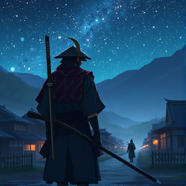 the samurai turns around to see the other samurai following him in a japanese village far apart with starts in the night sky