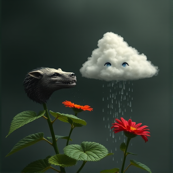 A plant with beast heads for flowers. The plant is being watered by a crying sad cloud