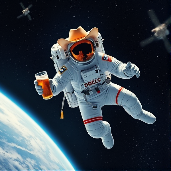 Astronaut floating in space, wearing a cowboy hat, holding a beer
