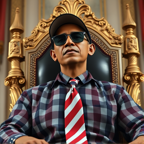 Barack Obama sur un trône, avec une chemise à carreaux et une cravate rappelant le drapeau américain. Il porte des lunettes de soleil et une casquette Adidas.