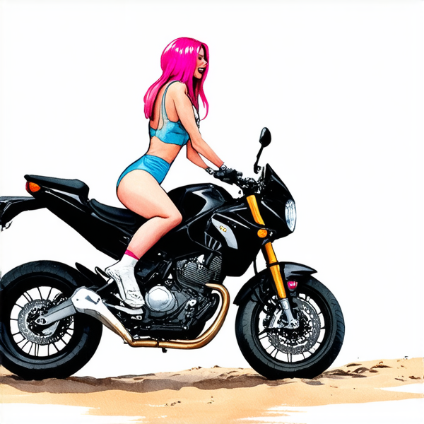 Aquarelle : Femme avec des cheveux rose fuchsia sur une moto noir roule sur le plage