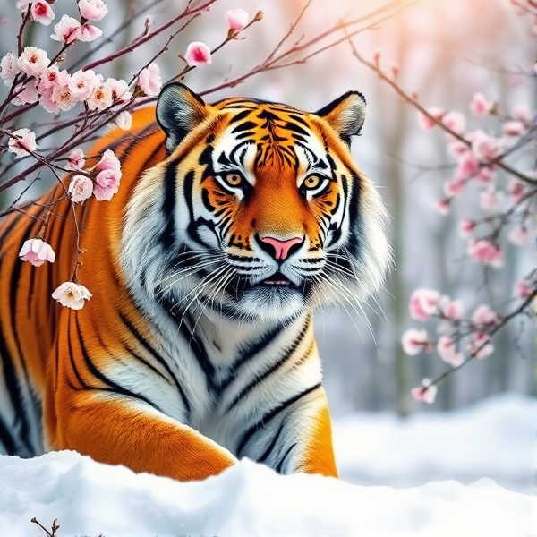 Majestic Siberian tiger against a serene snowy winter backdrop split with spring blossoms showcasing the transition between seasons, vivid colors