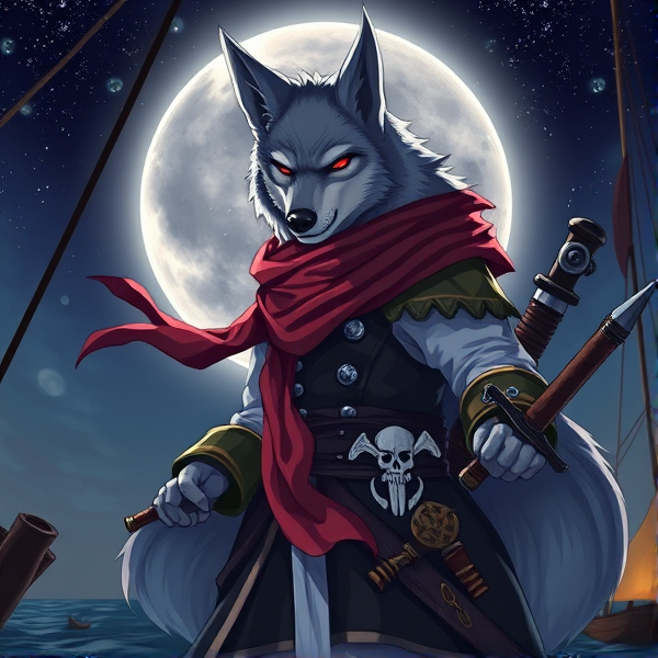 Loup roublard maitre de l'éclipse lunaire et avec un écharpe rouge autours du cou et avec deux épées dans le dos et avec une tenue de pirate et il est sur un bateaux