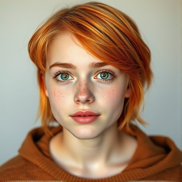 16 year old girl, short orange layered hair, hazel doe eyes, orange freckles, natural eye brows, thinner pale lips longer eye lashes, pale skin color