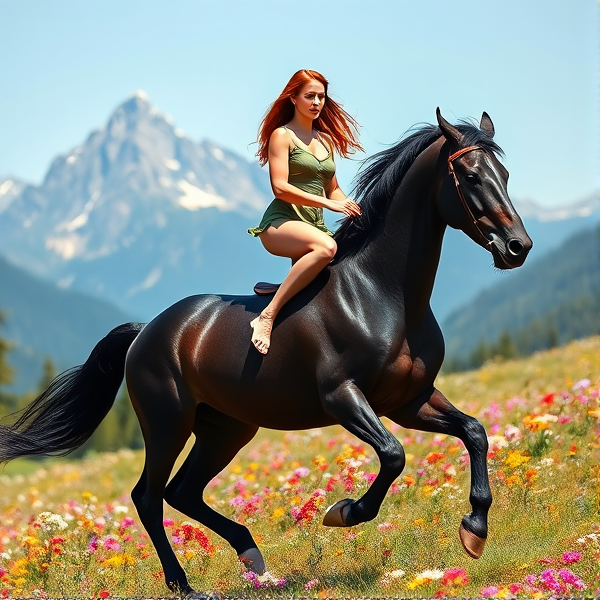 A stunning, statuesque redhead woman with long flowing hair and fair skin gracefully balances atop the backs of two majestic black stallions. Her pose is one of powerful elegance, with her knees delicately bent to absorb the motion as each well-muscled horse strides in perfect unison. The powerful equines have glossy coats that glisten in the sunlight as they thunder through an idyllic mountain meadow adorned with a kaleidoscope of wildflowers swaying in the breeze. The impressive peaks loom in the distance under a clear blue sky, framing this breathtaking scene. The woman's physique is toned yet feminine, her expression one of serene confidence as she gazes into the horizon. She stands on their broad backs barefooted, her toes gripping their muscles with an almost supernatural balance as the stallions gallop side by side, their hooves barely touching the ground while they run at full speed through this picturesque landscape.
